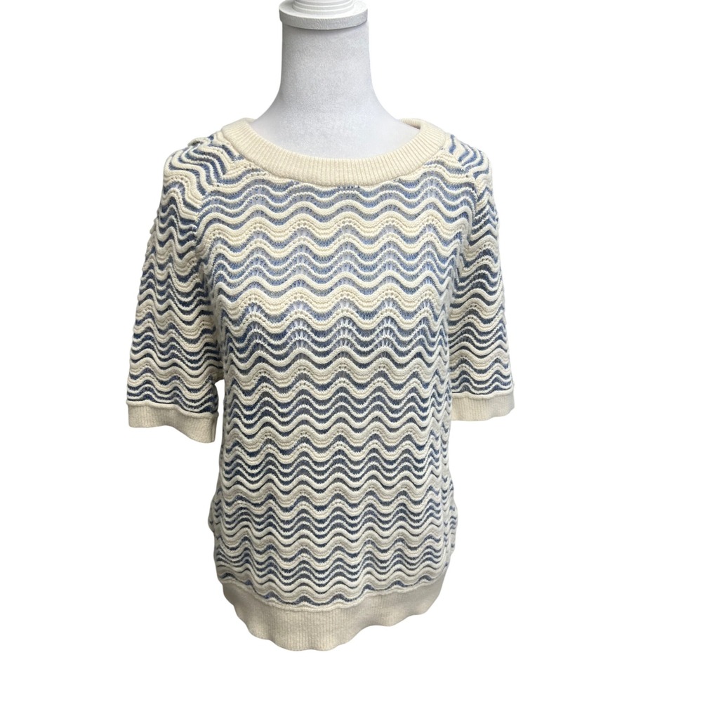 LOFT Sweater Womens Sz M Blue Cream Wavy Chevron Knit Short Sleeve Crew Neck Top